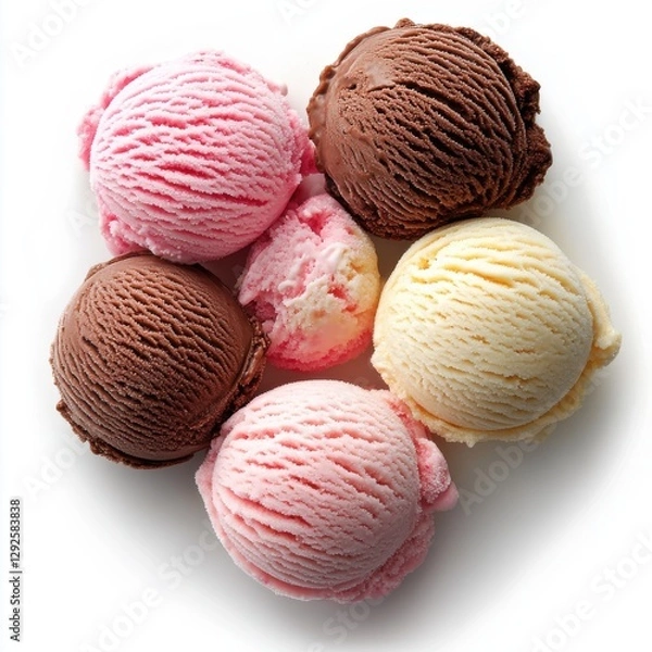 Fototapeta Colorful Assortment of Ice Cream Scoops on White Background Featuring Chocolate, Strawberry, Vanilla, and More Delightful Flavors