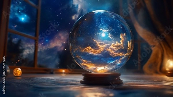 Fototapeta Mystical Crystal Ball Reflecting a Dreamy Night Sky with Golden Clouds