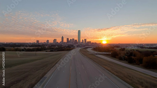 Fototapeta Sunrise over Dallas skyline, highway view