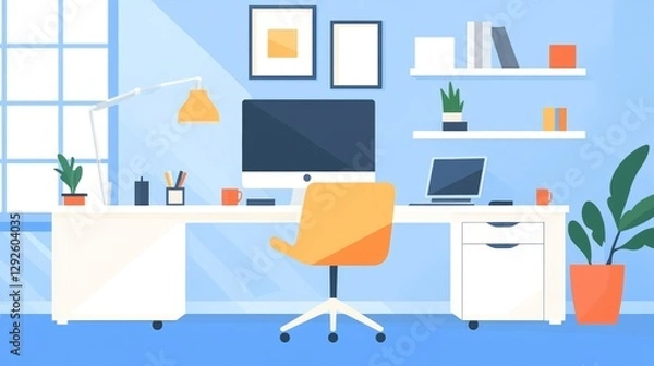 Fototapeta Flat workspace: modern desk setup with computer and shelves