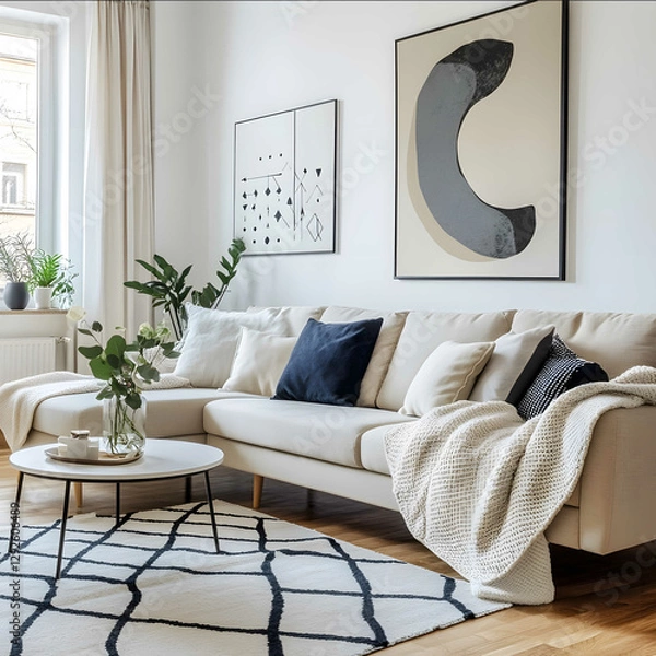 Fototapeta a real photo of a beige sofa in scandinavian style from side view with pillows and blankets a living room with white walls with and navy blue accents white rug and