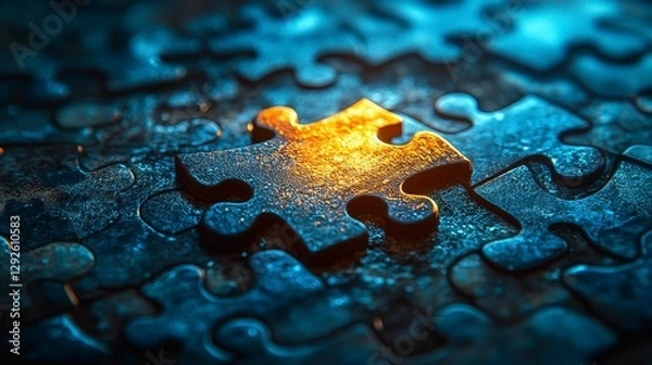 Fototapeta Golden Puzzle Piece Illuminating Complex Interconnected Jigsaw Structure Solution Success Symbolism