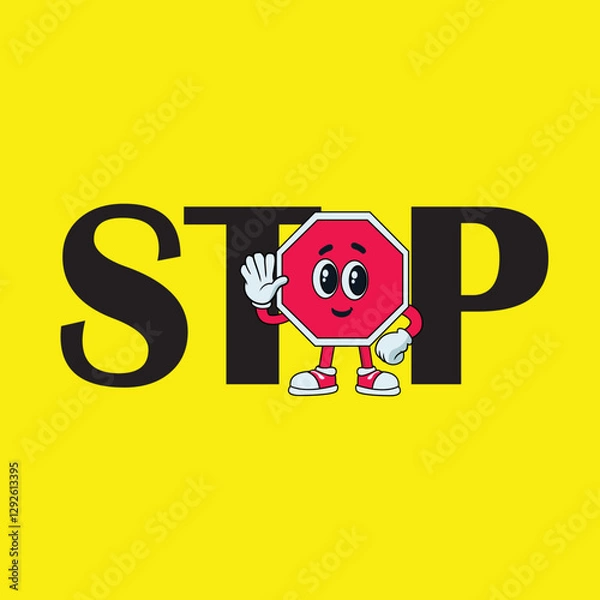 Fototapeta Vector illustration of octagonal stop sign mascot with cheerful expression, raising hand as stop signal. Suitable for safety poster, traffic education, children's warning sign