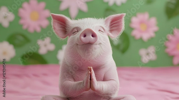 Obraz Cute Pink Piglet Smiling with Praying Gesture and Floral Background