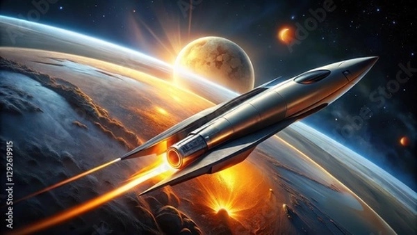 Fototapeta A Futuristic Spaceship Soars Past a Planetary System During a Breathtaking Sunrise