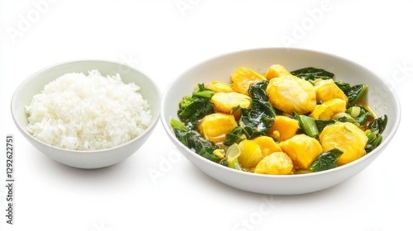 Fototapeta Stir-fried morning glory with oyster sauce served with a side of rice, no background. 
