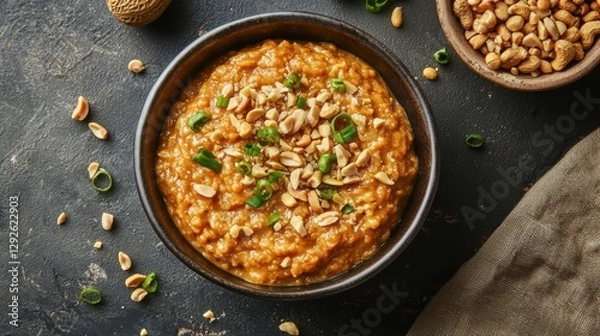 Fototapeta Tasty shrimp paste chili dip with freshly crushed peanuts and green onions on top. 