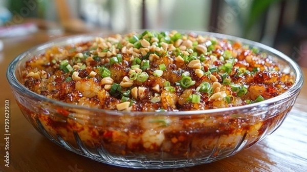 Fototapeta Tasty shrimp paste chili dip with freshly crushed peanuts and green onions on top. 