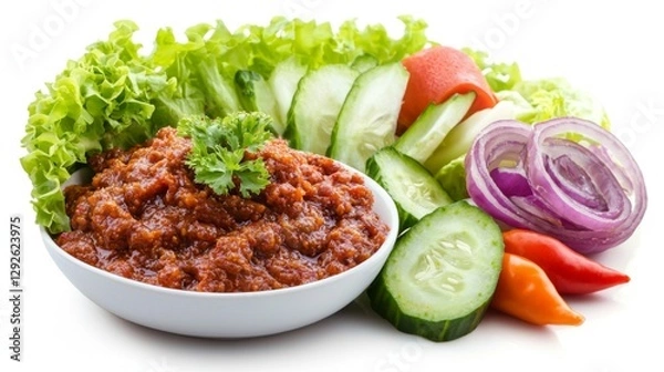Fototapeta Traditional shrimp paste chili dip with a side of fresh vegetables, isolated on white. 