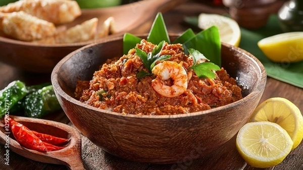 Fototapeta Traditional Thai shrimp paste chili dip in a wooden bowl with lemon slices beside it. 