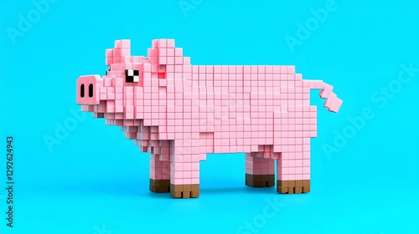 Fototapeta Cute Pixel Art Pig Model on Bright Blue Background