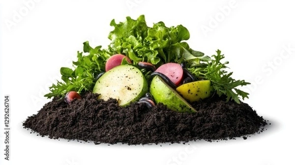 Fototapeta Fresh vegetables and greens on a mound of rich, dark soil, white isolate background.