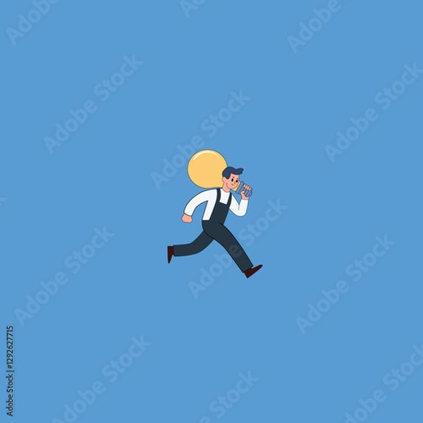 Fototapeta Cartoon vector illustration of a man running carrying a big light bulb on his back, symbolizing creative ideas, suitable for business, innovation, startup, entrepreneurship and productivity concepts.