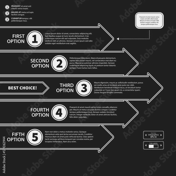 Fototapeta Corporate presentation template on dark background. Black and white colors. Useful for advertising, presentations and web design.