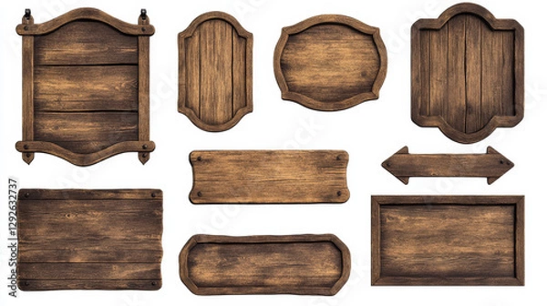 Fototapeta Wooden plaque sign board cartoon vector tag label. Isolated wood signboard set with frame for game interface. Brown rustic plank with timber texture to use as badge or nameplate for announcement.