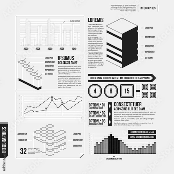 Fototapeta Big set of infographics elements in black and white colors. Monochrome design. Minimalistic style.