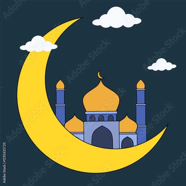 Fototapeta Eid mubarak greeting card. Ramadhan kareem background illustration. Moon, mosque and cloud modern vector. 