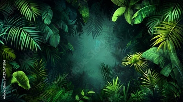 Fototapeta Lush Green Tropical Jungle Leaves Overhead View