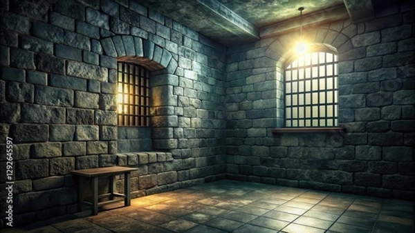 Fototapeta A dimly lit cell with stone walls, a cold iron floor, and a single barred window high up on the wall, casting an eerie glow over the space , gothic architecture, dark dungeon