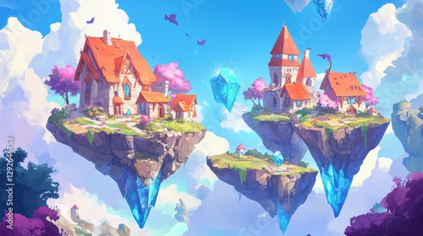 Fototapeta Flying game island platform vector illustration. Crystal soil ground landscape cartoon clipart with floating terrain environment asset. 2d fantasy adventure background for run in videogame world