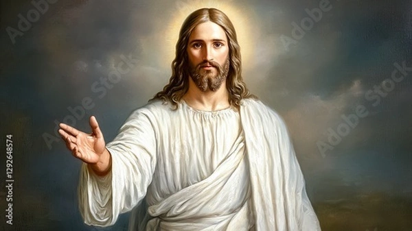 Fototapeta A serene depiction of Jesus Christ with outstretched hand, symbolizing peace, compassion, and divine guidance., Christmas, Easter