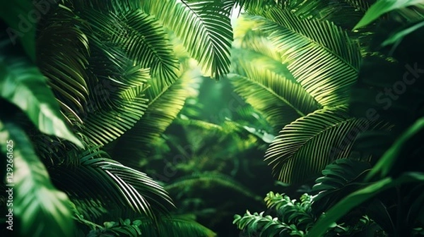 Fototapeta Lush Green Tropical Jungle with Pixelated Leaves and Sunlight