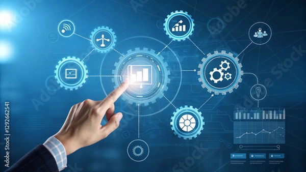 Fototapeta A hand points at a central gear icon on a digital interface, surrounded by interconnected gear icons and business charts.