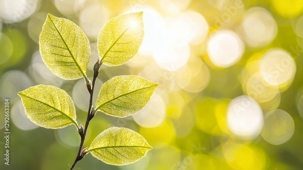 Fototapeta Closeup of Green Leaves on Branch in Sunlight Bokeh Background