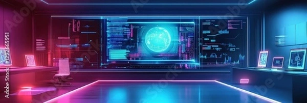 Fototapeta A futuristic tech lab showcasing prototype computers with holograms