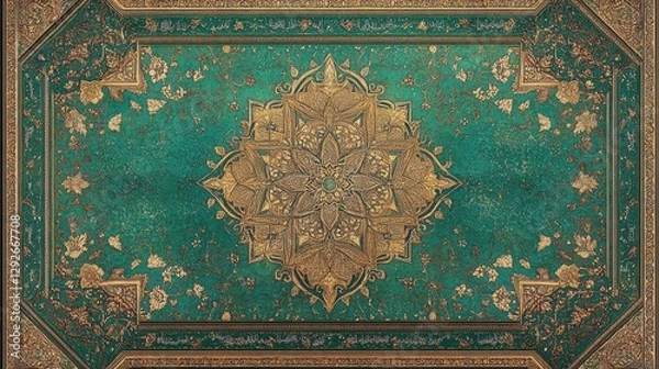 Fototapeta Intricate Mandala Design with Floral Elements on Vibrant Teal Background and Gold Accents in Ornate Vintage Style