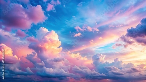 Fototapeta Soft pink and blue hues blend in a serene cloudy sky at early morning summer, summer, pink