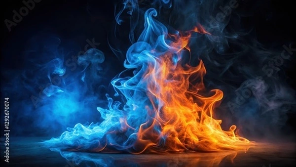 Fototapeta A vibrant fiery blue flame dancing atop a dark and mysterious black background, surrounded by wisps of smoke and subtle hints of orange glow , dramatic scene, flame dance