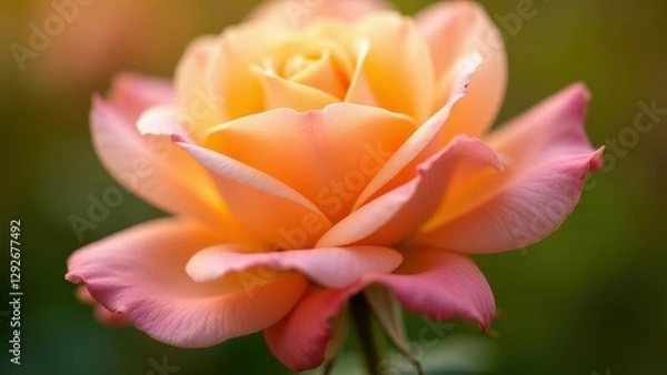 Fototapeta A beautiful close-up of a peach rose with delicate petals in shades of peach and pink.