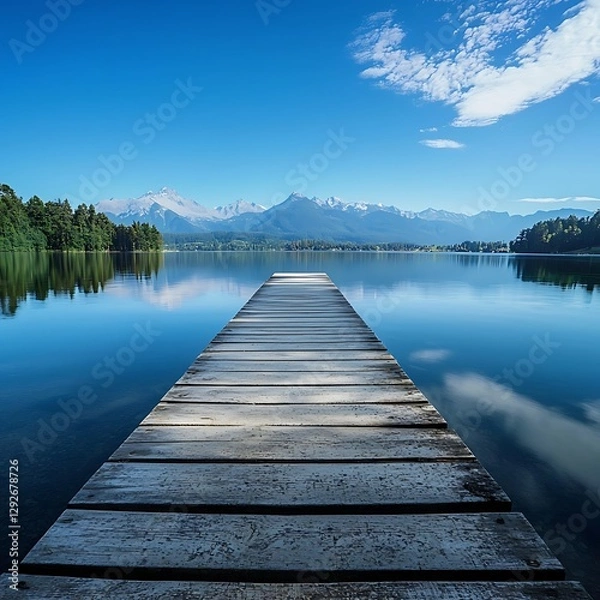 Fototapeta A serene alpine lake with a wooden pier extending into the still water under a clear blue sky