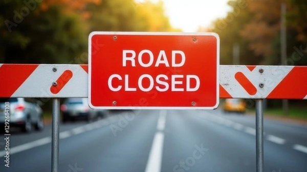 Fototapeta A road closed sign blocks a road with blurred cars in the background.