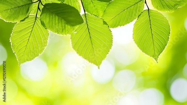 Fototapeta Closeup of Vibrant Green Leaves with Soft Bokeh Background