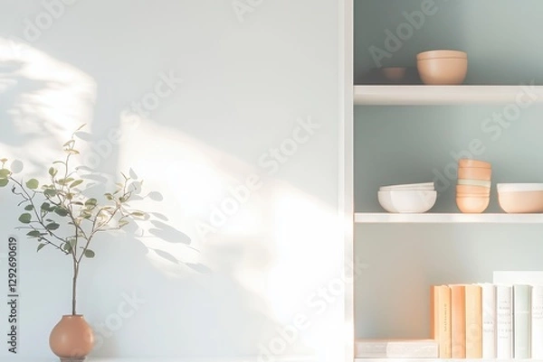 Fototapeta Bright And Inviting Virtual Office Backdrop, Sleek Shelving With Aesthetic Decor Creating A Modern Ambiance In A Cozy Setting