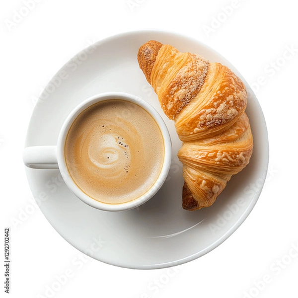 Fototapeta cup of coffee and croissant isolated on transparent white background, clipping path