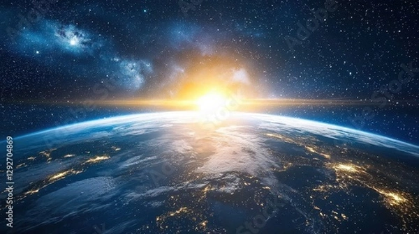 Fototapeta A celestial tunnel of glowing light forms above Earth guiding explorers to the stars