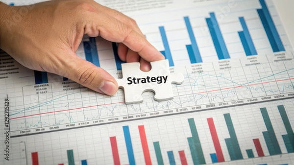 Fototapeta Hand placing puzzle piece labeled strategy on financial graphs and charts. , Recession concept
