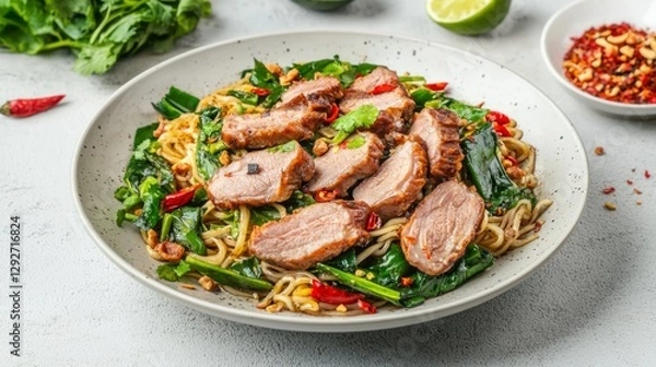 Fototapeta Flavorful boat noodles with pork and herbs, isolated on a plain backdrop. 