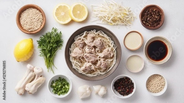Fototapeta Freshly made boat noodles with chicken, bean sprouts, and lemon, captured on white. 