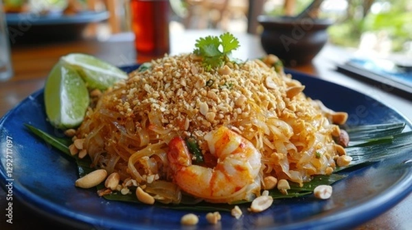 Fototapeta Heaping portion of Pad Thai with crushed peanuts and chili flakes. 