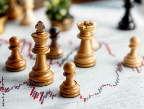Obraz Strategic investment concept showing chess pieces on a financial graph.