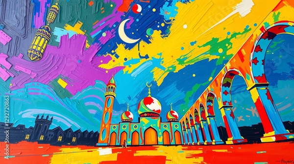 Fototapeta Ramadan Moon and Iftar Blessings: A Spiritual Evening ,Golden Crescent Shining Over Mosque During Ramadan