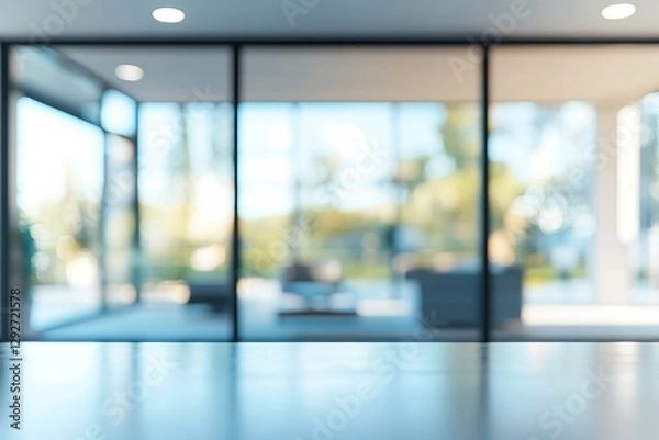 Fototapeta Blurred background of modern office with large windows. Ideal for showcasing products or illustrating concepts of spaciousness and tranquility.