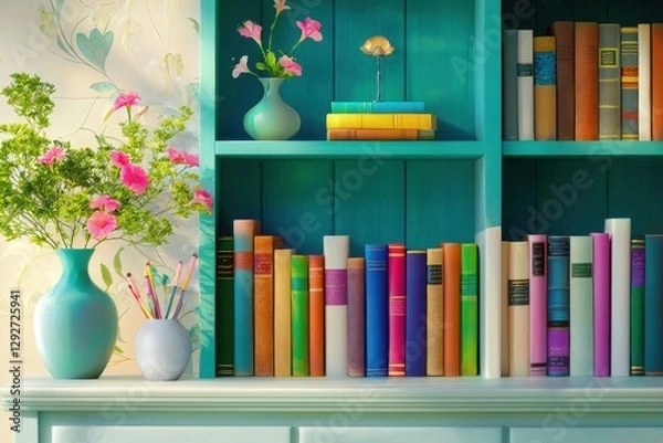 Fototapeta Bright Colorful Bookshelf With Flowers And Decorative Objects Creating An Inviting Home Office Backdrop For Virtual Meetings