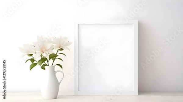 Obraz White Flowers in Pitcher Beside Blank White Frame on White Table