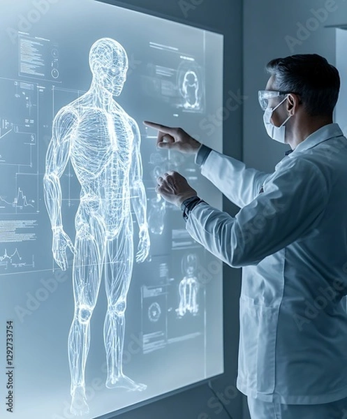 Fototapeta Doctor analyzing human body scan on a large digital screen