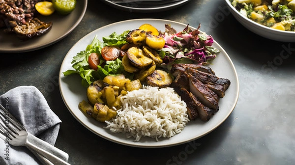 Fototapeta Traditional Casado Plate with Rice, Beans, Plantains, and Grilled Meat